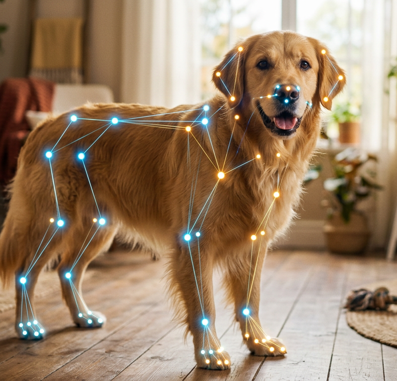 A digital overlay showing skeletal mapping and facial recognition points on a golden retriever dog.