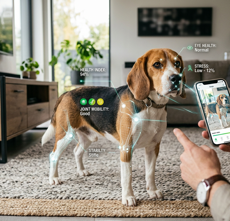 A person holding a smartphone to scan a Beagle dog to check for physical wellness indicators.