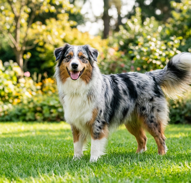 A happy Australian Shepherd dog wagging its tail with a full body wiggle on a green lawn.