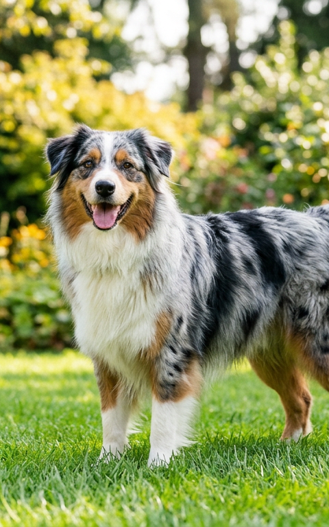 A happy Australian Shepherd dog wagging its tail with a full body wiggle on a green lawn.