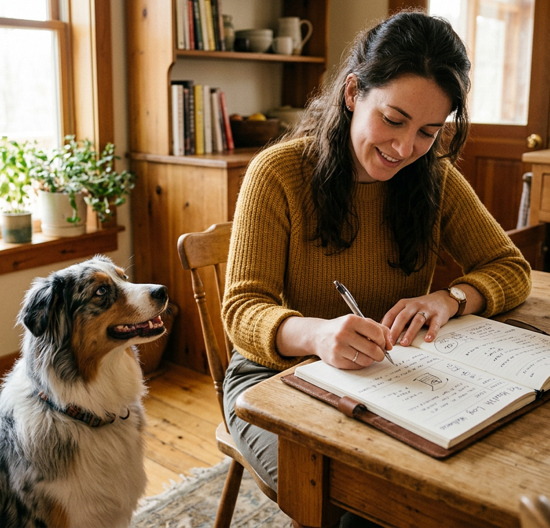 A focused pet owner writing notes in a journal while an Australian Shepherd sits calmly nearby.