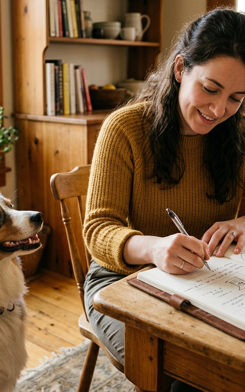 A focused pet owner writing notes in a journal while an Australian Shepherd sits calmly nearby.