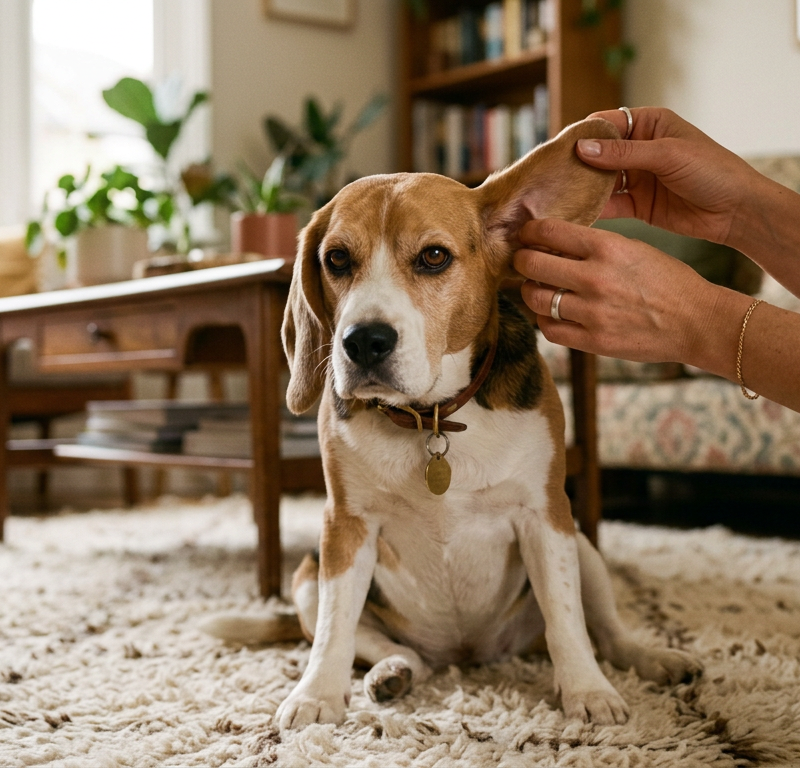A calm Beagle sitting on a living room rug while its owner gently checks its ears and paws.