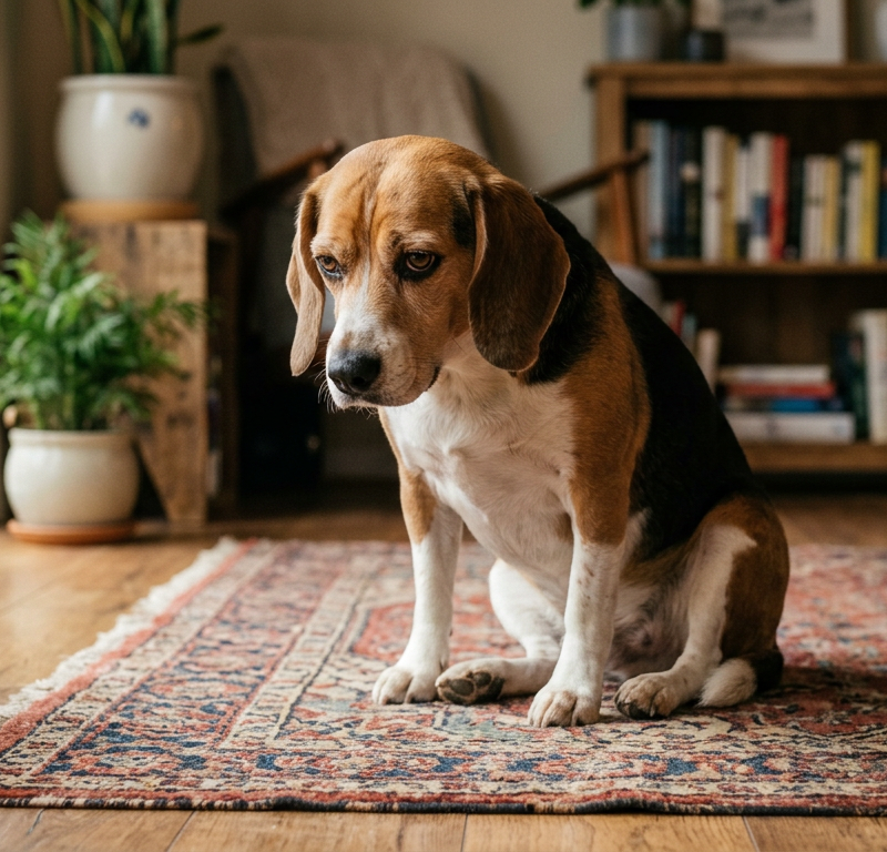 A worried Beagle sitting in a hunched position on a living room rug, showing signs of discomfort.