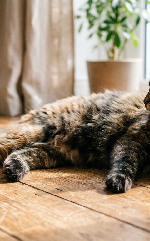 A tortoiseshell cat lying on its side next to a feather wand toy, looking away with relaxed ears.