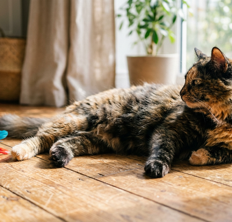 A tortoiseshell cat lying on its side next to a feather wand toy, looking away with relaxed ears.