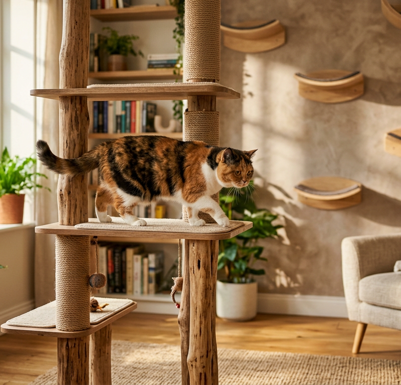 A calico cat exploring a vibrant indoor room with cat trees and wall shelves.