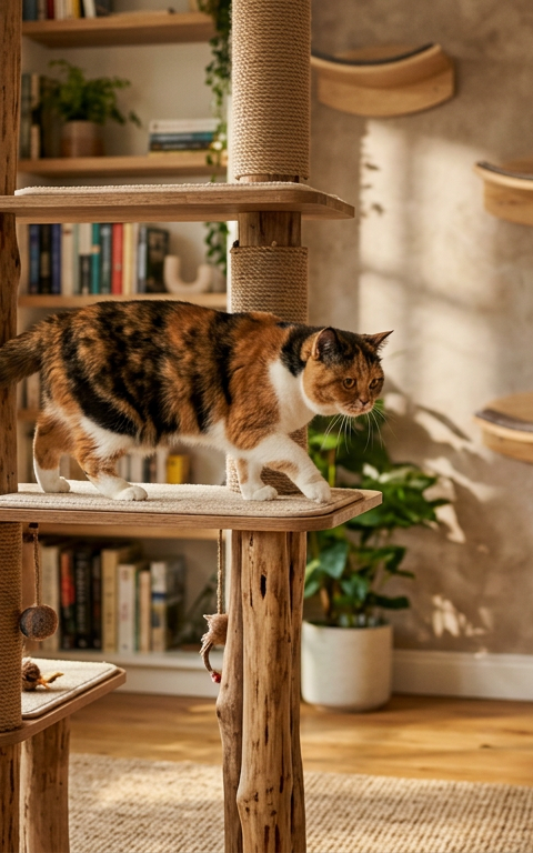 A calico cat exploring a vibrant indoor room with cat trees and wall shelves.