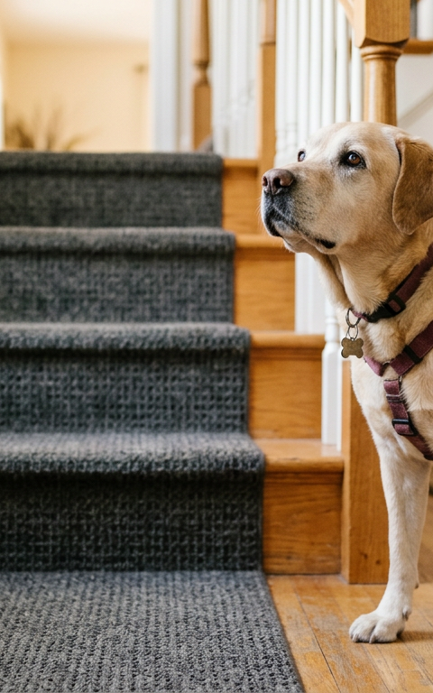 A senior yellow Labrador Retriever standing at the bottom of a staircase with a non-slip rug.