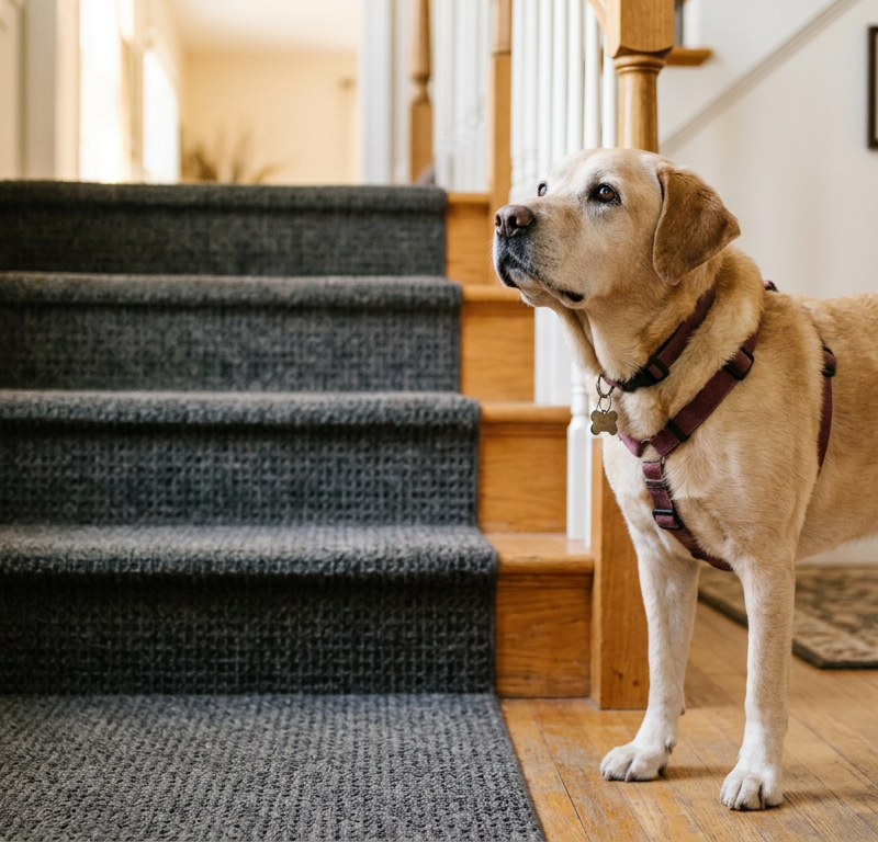 A senior yellow Labrador Retriever standing at the bottom of a staircase with a non-slip rug.