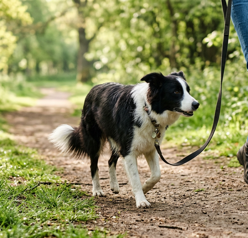 A happy Border Collie walking on a loose leash in a sunny park with its owner.