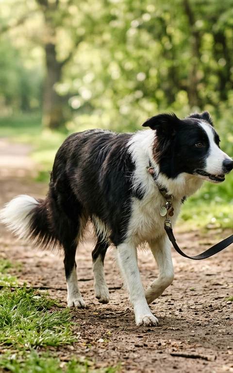 A happy Border Collie walking on a loose leash in a sunny park with its owner.