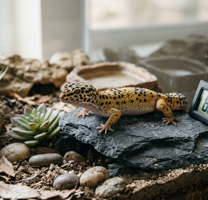 A leopard gecko resting in a desert-themed terrarium with a digital thermometer visible in the background.
