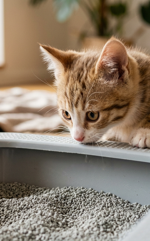 A young kitten curiously inspecting a clean, blue litter box in a quiet room corner.
