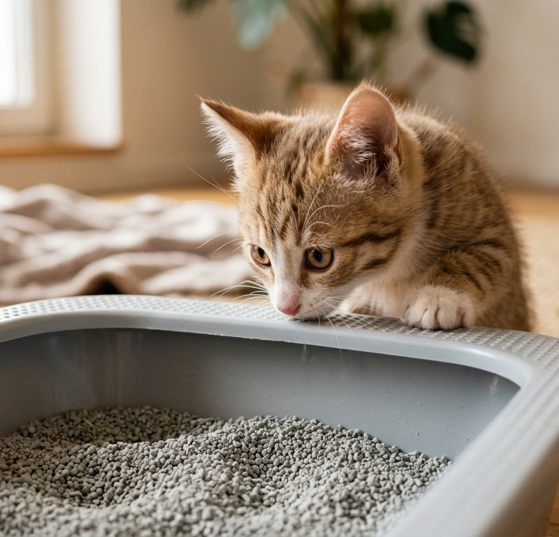 A young kitten curiously inspecting a clean, blue litter box in a quiet room corner.