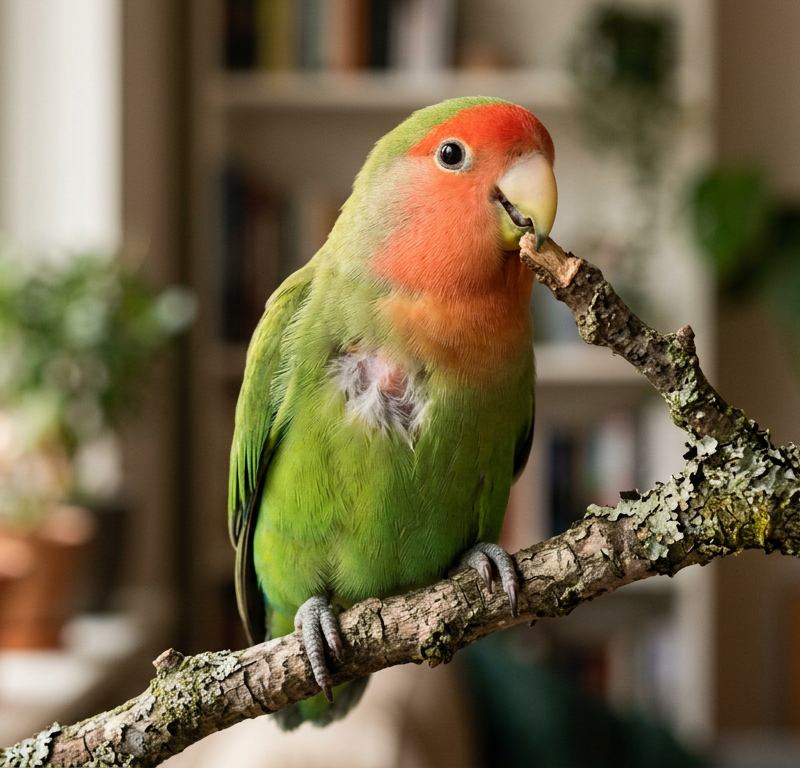 A peach-faced lovebird sitting on a wooden perch with a visible bare patch on its chest feathers.