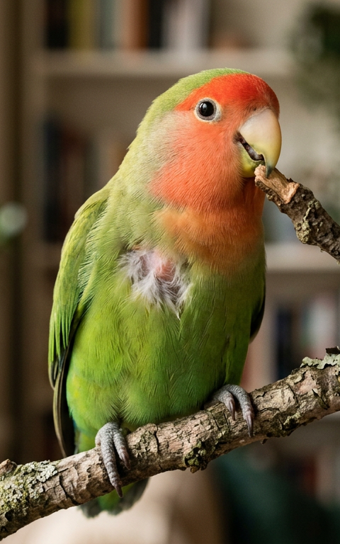 A peach-faced lovebird sitting on a wooden perch with a visible bare patch on its chest feathers.