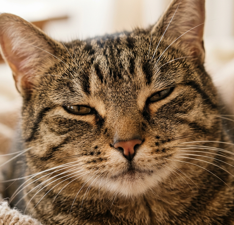 A close up of a ginger cat performing a slow blink with soft focused eyes.