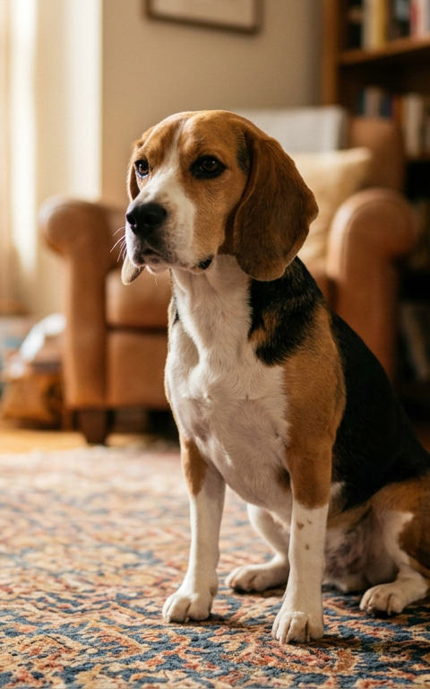 A Beagle dog sitting on a rug looking thoughtful with ears slightly back in a cozy living room.