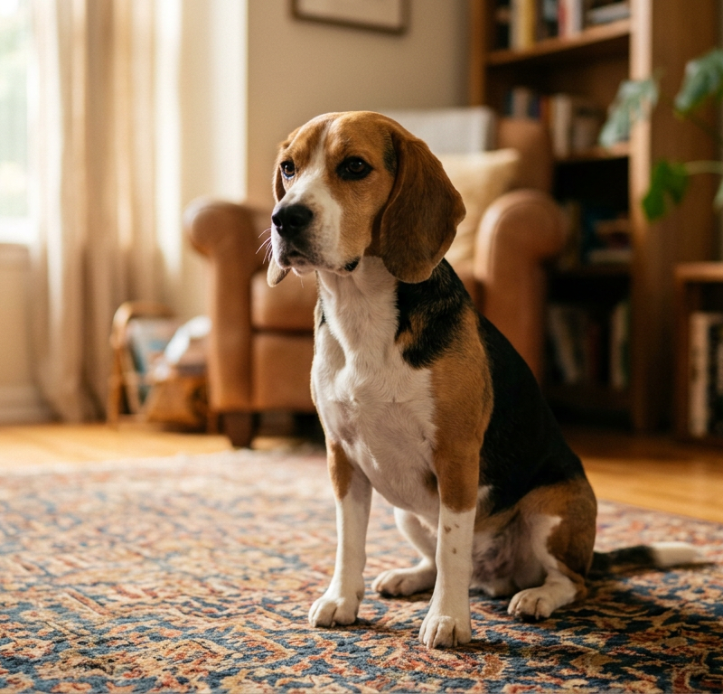 A Beagle dog sitting on a rug looking thoughtful with ears slightly back in a cozy living room.