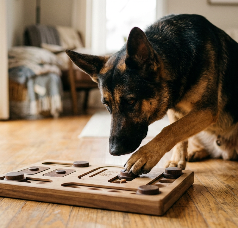 A smart Australian Shepherd focusing on a wooden interactive treat puzzle toy in a living room.