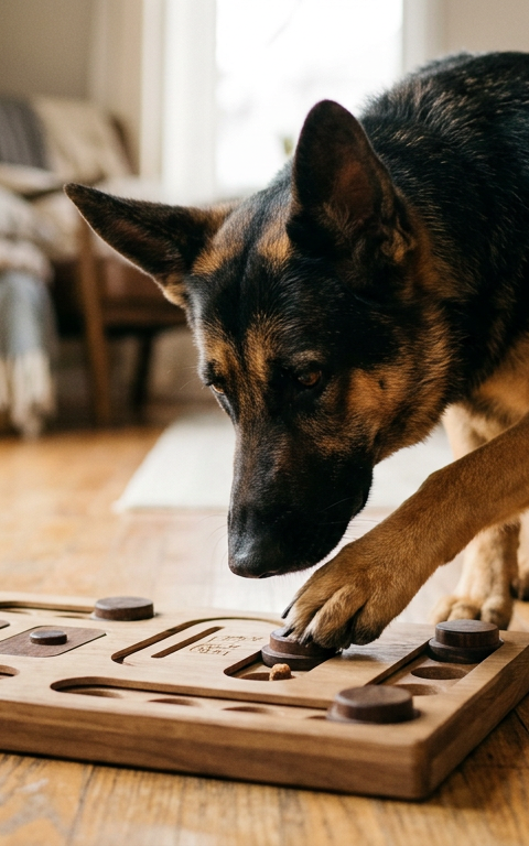 A smart Australian Shepherd focusing on a wooden interactive treat puzzle toy in a living room.