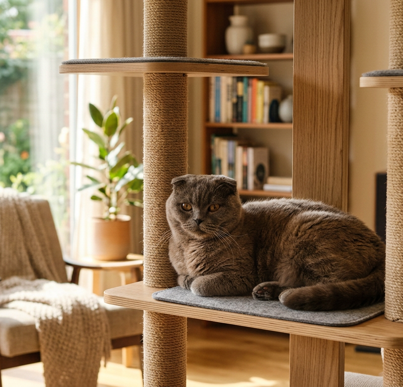 Two different breed cats, a Russian Blue and a Scottish Fold, sitting calmly on separate levels of a tall wooden cat tree in a sunlit living room.