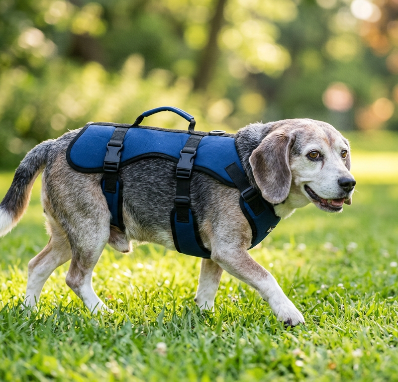 A senior Beagle walking slowly on a grassy path with a supportive harness held by an owner.