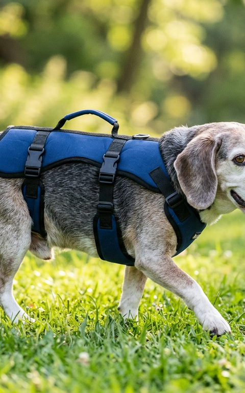 A senior Beagle walking slowly on a grassy path with a supportive harness held by an owner.