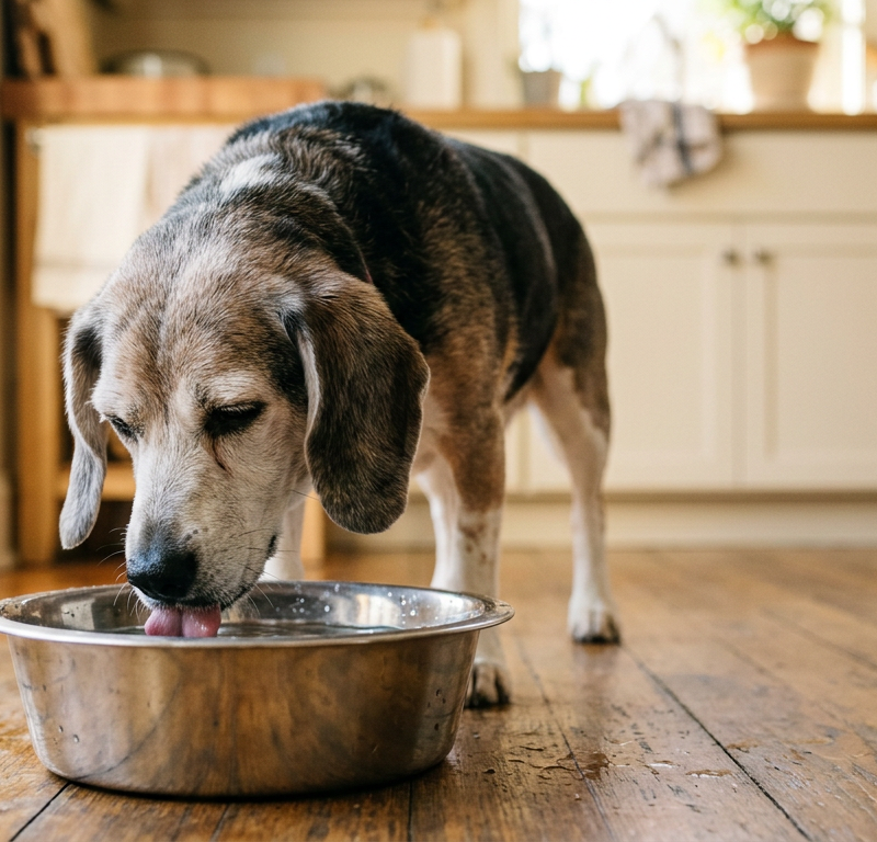 An older Beagle dog drinking water from a stainless steel bowl on a kitchen floor.