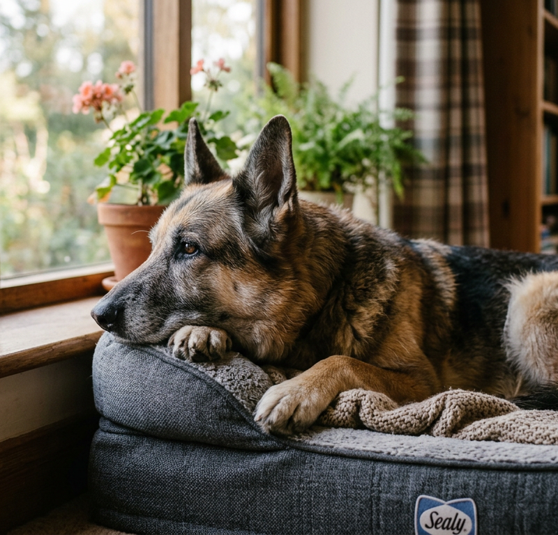 A senior German Shepherd dog resting peacefully on a soft orthopedic bed in a sunny living room.