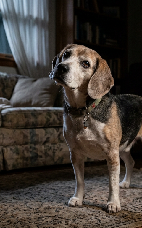 A senior Beagle standing in a dark living room looking slightly disoriented near a sofa.