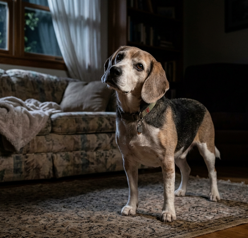 A senior Beagle standing in a dark living room looking slightly disoriented near a sofa.