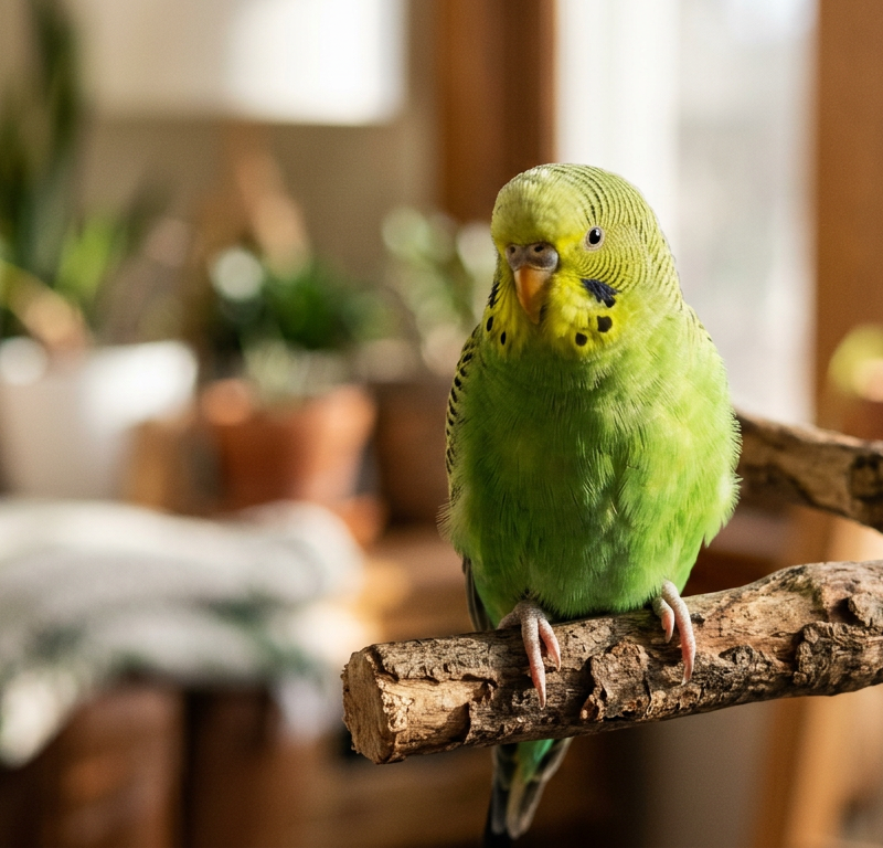 A bright green parakeet sitting comfortably on a wooden perch with its feathers slightly puffed out in a sunny room.