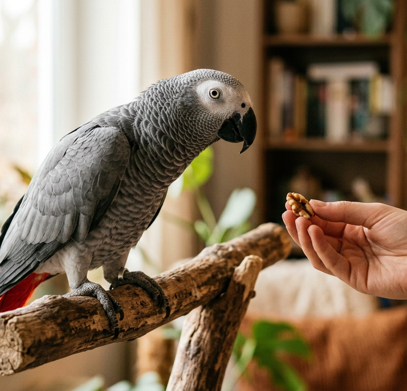 An African Grey parrot looking curiously at a human hand while perched inside a colorful cage.