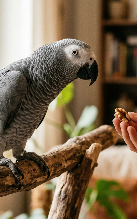 An African Grey parrot looking curiously at a human hand while perched inside a colorful cage.