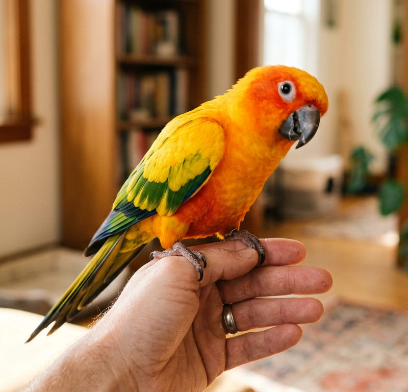 A colorful South American parrot bobbing its head and interacting closely with its owner's hand indoors.