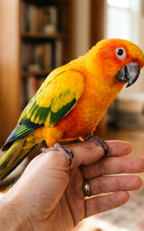 A colorful South American parrot bobbing its head and interacting closely with its owner's hand indoors.