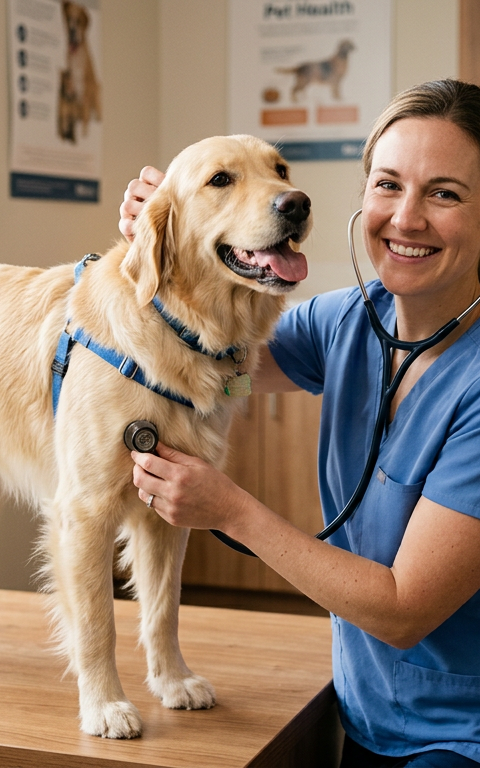 A veterinarian performing a gentle wellness check on a smiling golden retriever in a bright clinic.
