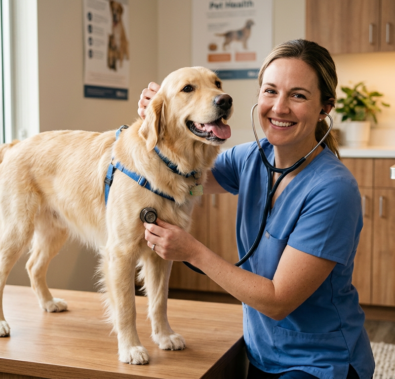 A veterinarian performing a gentle wellness check on a smiling golden retriever in a bright clinic.