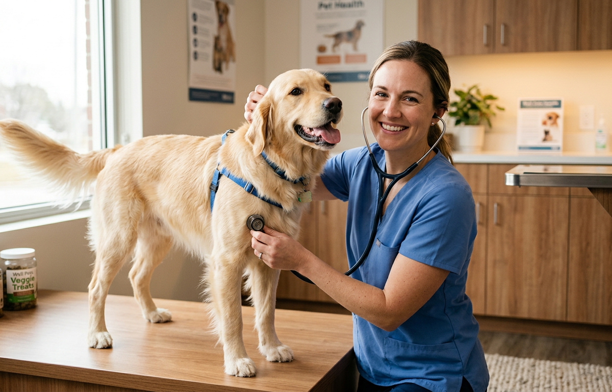 A veterinarian performing a gentle wellness check on a smiling golden retriever in a bright clinic.