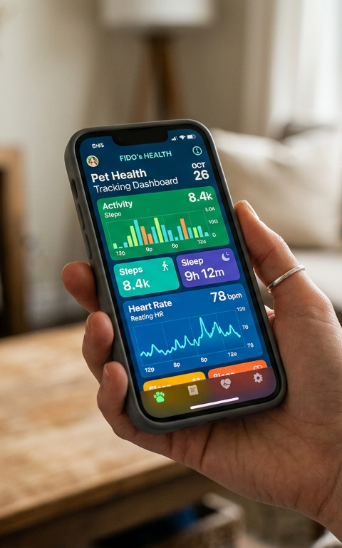 A focused view of a smartphone screen showing a pet health app dashboard with activity graphs and a Beagle icon.