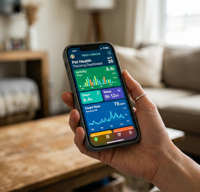 A focused view of a smartphone screen showing a pet health app dashboard with activity graphs and a Beagle icon.