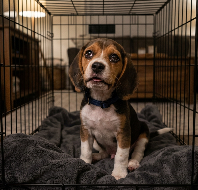 A small Beagle puppy sitting in a modern wire crate looking sad and vocalizing at night.