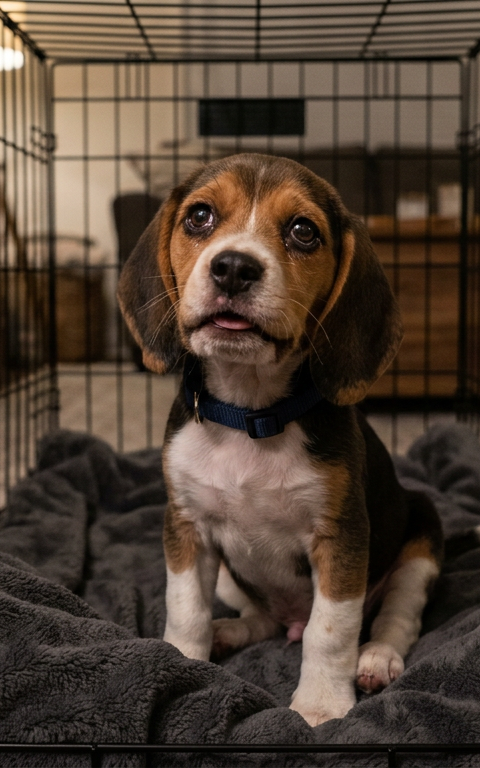 A small Beagle puppy sitting in a modern wire crate looking sad and vocalizing at night.