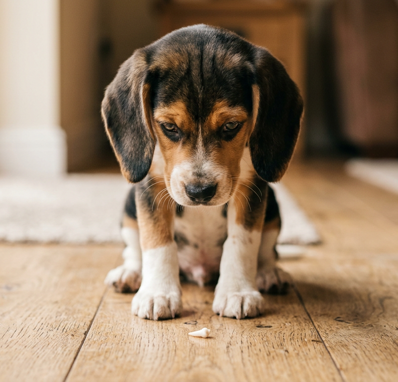 A young Beagle puppy sitting on a wooden floor looking at a small baby tooth that just fell out.