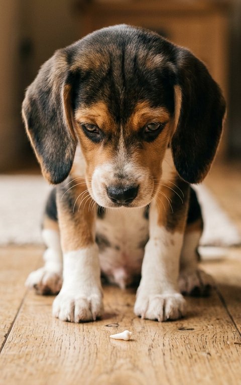A young Beagle puppy sitting on a wooden floor looking at a small baby tooth that just fell out.