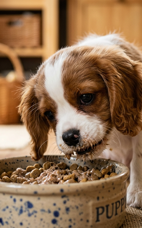 A fluffy golden puppy eating eagerly from a blue ceramic bowl on a wooden floor.