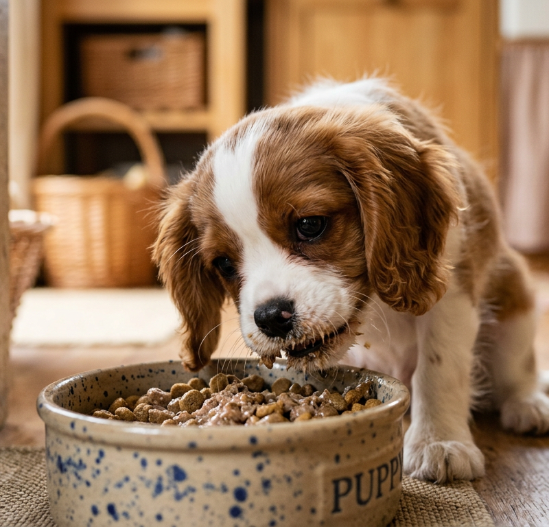 A fluffy golden puppy eating eagerly from a blue ceramic bowl on a wooden floor.