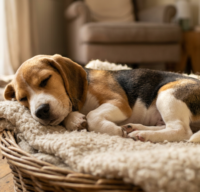 A small tri-color Beagle puppy curled up in a soft grey donut bed sleeping soundly.